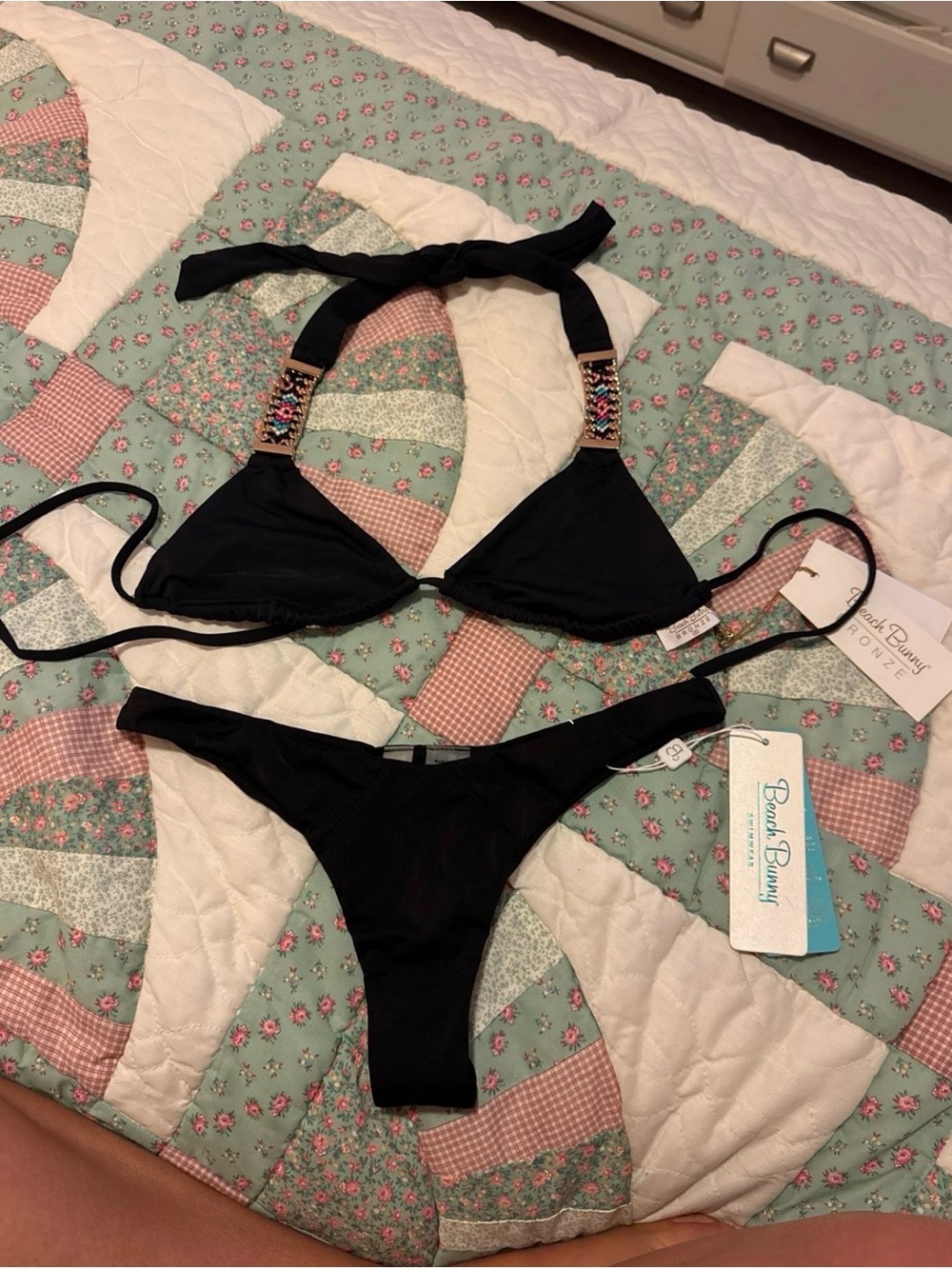 Beach Bunny Black Embellished Halter Bikini
